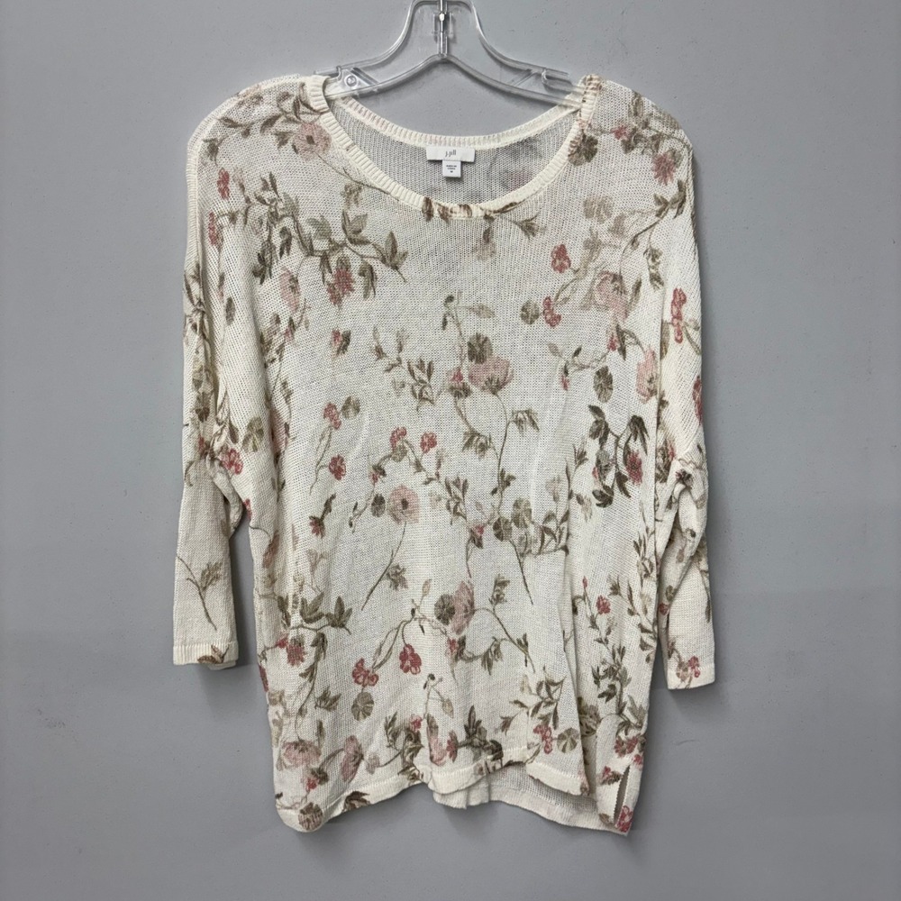J. Jill Womens Linen Blend Floral Open Knit Sweater Cream Pink Size Medium